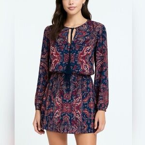 Parker Mini Dress Blue Red Blouson Long Sleeve Silk Smocked XS Boho